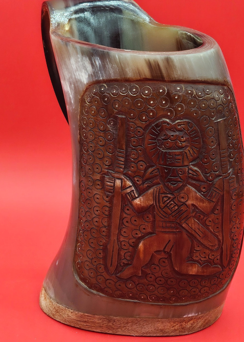 Carved Viking Horn Tankard - Spear dancer design